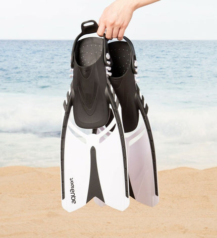 AquaSport black adult diving goggles with snorkel and swimming fins, set for water sport activities, shown in the image.