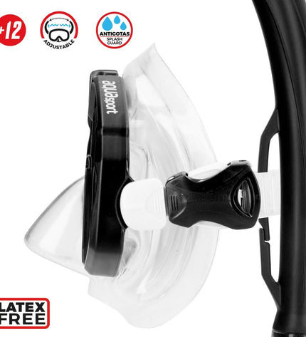 Pair of AquaSport black adult swim goggles with snorkel and fins for water sports, shown in close-up on white background.