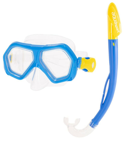 Set of four AquaSport children's snorkel masks and snorkel tubes in blue, suitable for watersport and outdoor swimming activities.