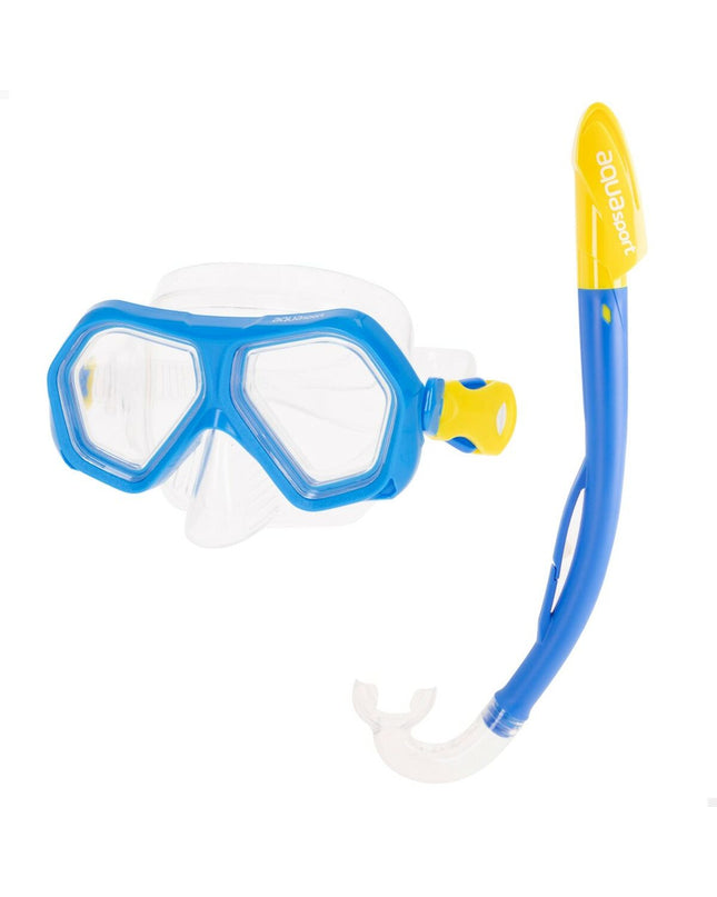 Set of four AquaSport children's snorkel masks and snorkel tubes in blue, suitable for watersport and outdoor swimming activities.