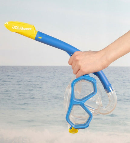 Blue AquaSport kids snorkel mask and snorkel set for outdoor watersports, includes four pieces for swimming and snorkeling activities.