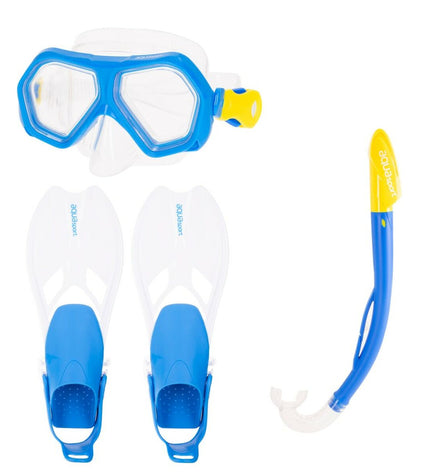 Blue AquaSport junior diving mask with snorkel and swimming fins, set designed for watersport activities.