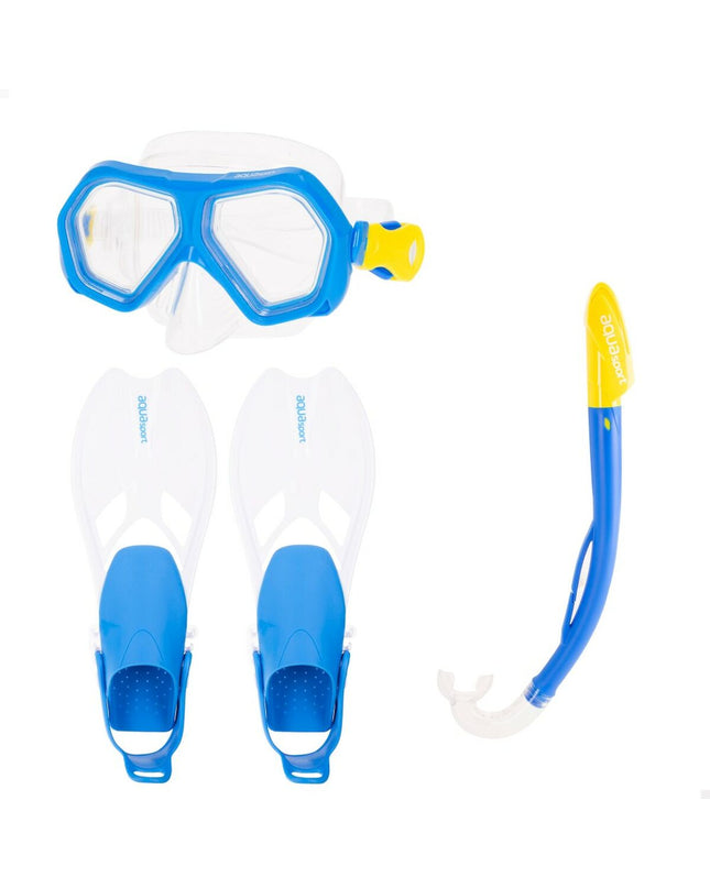 Blue AquaSport junior diving goggles with snorkel and swim fins for water sports, shown in the product image.