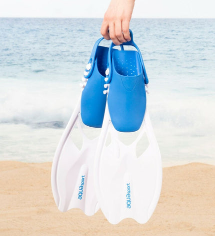 Pair of AquaSport junior blue diving goggles with snorkel and swim fins for watersport activities, shown in the image.