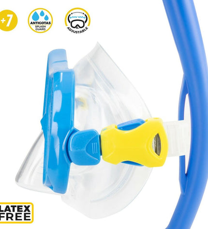 Blue AquaSport junior diving mask with snorkel and swimming fins, ideal for watersport activities, shown in a two-pack set.