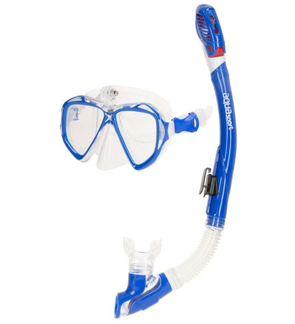 Blue AquaSport snorkel mask and breathing tube for kids and adults, designed for watersport activities, shown in the image.