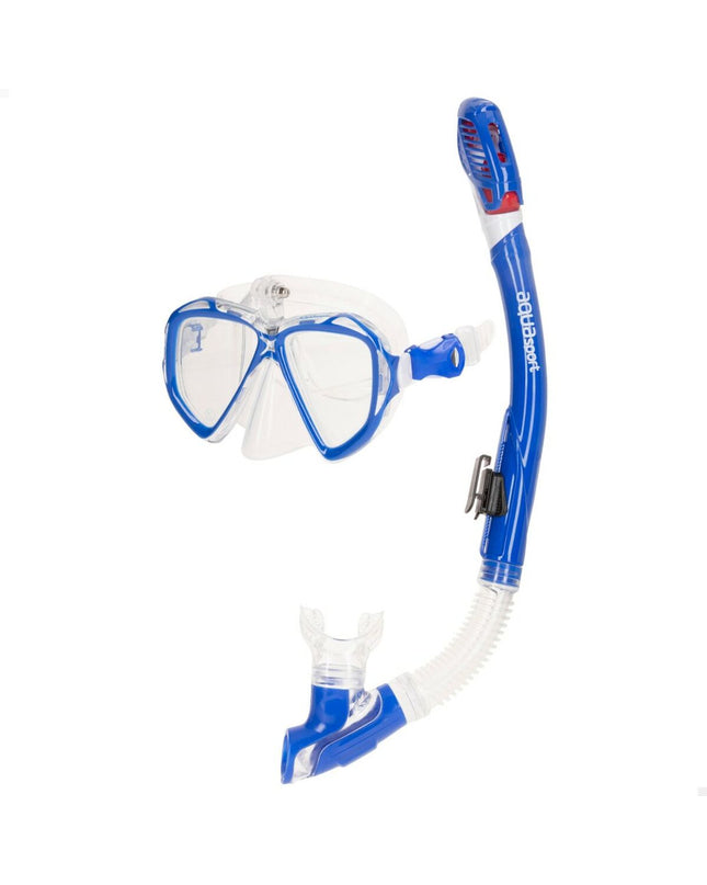 Blue AquaSport snorkel mask and breathing tube for kids and adults, designed for watersport activities, shown in the image.