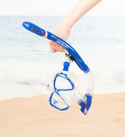 Pair of AquaSport blue snorkel masks and snorkel tubes for children and adults, suitable for watersport and outdoor activities.