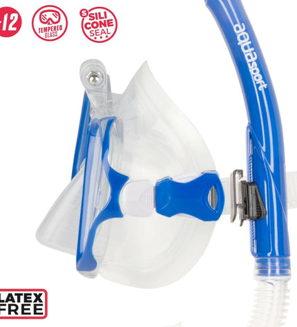 Pair of blue AquaSport snorkel masks and snorkel tubes for kids and adults, suitable for watersport and outdoor swimming activities.