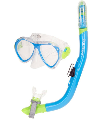 AquaSport blue kids snorkel mask and snorkel set for watersports, includes two-piece snorkel gear for children.