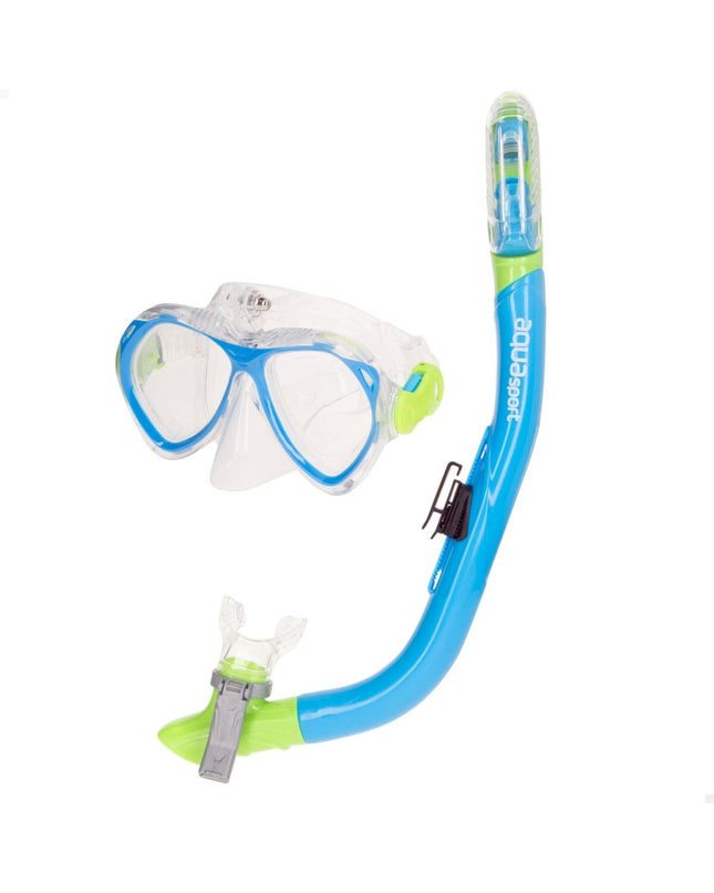 AquaSport blue kids snorkel mask and snorkel set for watersports, includes two-piece snorkel gear for children.