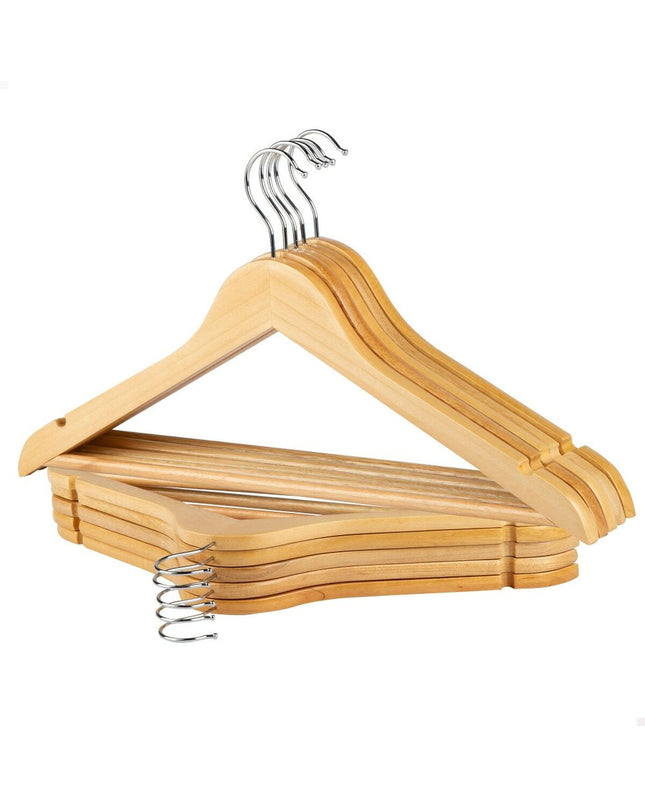 Max Home wooden and steel closet hanger set with 10 pieces, natural wood finish, ideal for house organization.