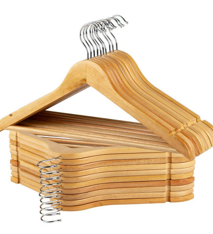 Set of four Max Home natural wood and steel hangers with 20 pieces, ideal for home storage and organization.