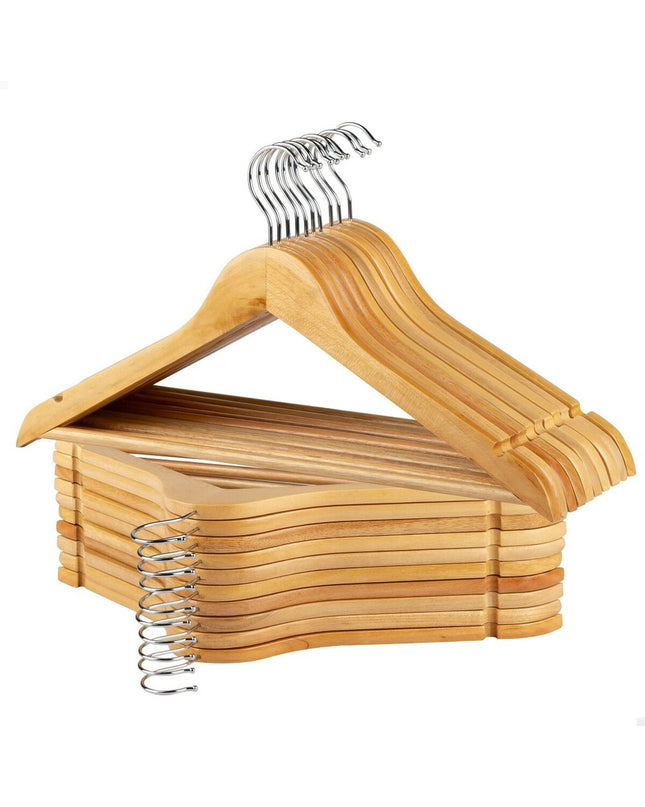 Set of four Max Home natural wood and steel hangers with 20 pieces, ideal for home storage and organization.