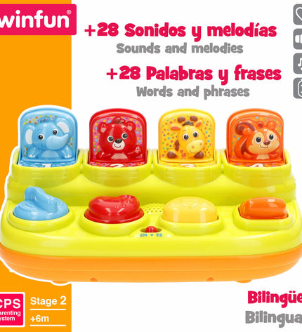 Set of four Winfun musical baby toys, colorful and small-sized, designed for young children to enjoy sensory play.