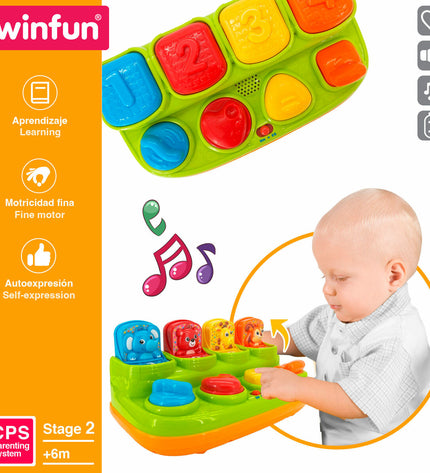 Set of four Winfun musical toys for babies, measuring 25x12x14 cm, designed for young children’s play and development.