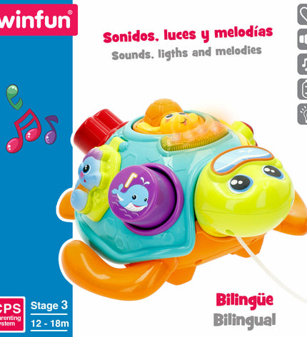 Pair of Winfun multicolour turtle baby toys, 23x12x23 cm, soft plush playthings for young children and infants.