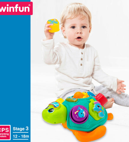 Two colorful Winfun baby turtle plush toys measuring 23x12x23 cm, soft and suitable for young children’s play and comfort.