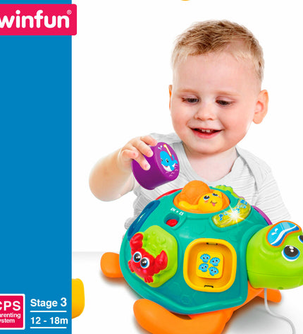 Two multicolored Winfun baby turtle toys measuring 23x12x23 cm, designed for young children’s play and developmental fun.
