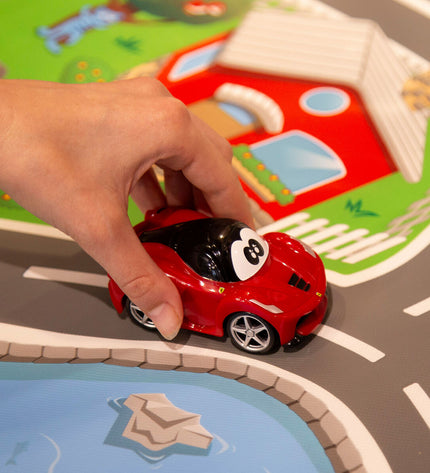 Set of six Ferrari-themed toy playsets, 100x0.1x70 cm, featuring miniature racing accessories and figures for imaginative play.