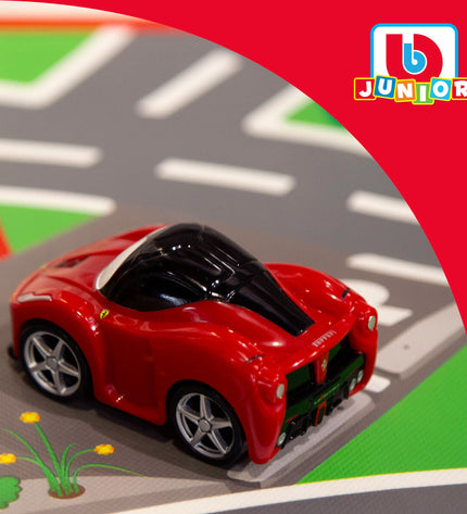Set of six Ferrari-themed toy playsets, 100x0.1x70 cm, featuring mini Ferrari vehicles for children’s play and imaginative fun.