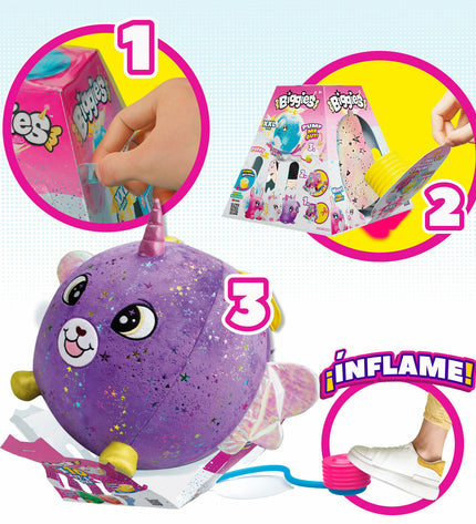 Set of four Eolo purple plush inflatable toys, 45x45x45 cm, soft plastic plush toys for children, playful and colorful.