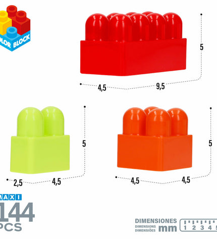 Color Block Bouwstenen Color Block 144-onderdelen set with colorful plastic building blocks for creative play and construction.