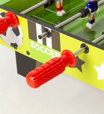 Pair of CB Games tabletop foosball tables, 60x14x32 cm, featuring miniature soccer players and colorful game rods for tabletop fun.