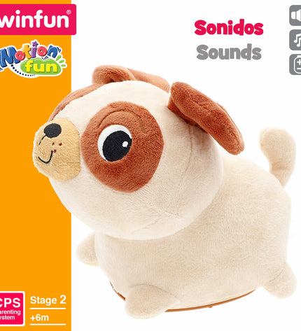 Two Winfun plush moving toys, soft plastic stuffed animals measuring 17x15x13 cm, suitable for children, colorful and cuddly.