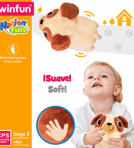 Two Winfun plush moving toys, soft plastic stuffed animals, measuring 17x15x13 cm each, suitable for children.