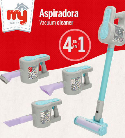 Set of four BigBuy Kids toy vacuum cleaners, 17x56x11 cm, realistic pretend play vacuums for kids in bright colors.