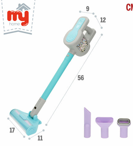 Set of four BigBuy Kids toy vacuum cleaners, 17x56x11 cm, realistic pretend cleaning play for children in bright colors.