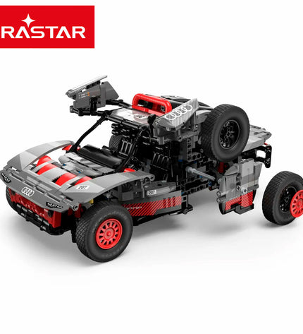 Audi Bouwspel auto toy with 432 parts, detailed miniature model of an Audi car, showcasing various components and assembly details.
