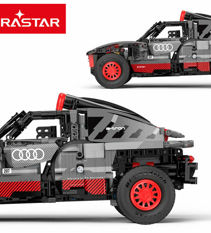 Audi Bouwspel auto with 432 parts, detailed toy model for kids, showcasing various assembled components and vibrant colors.
