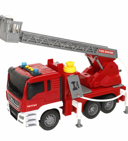 Set of four Speed & Go toy fire trucks with lights and sounds, measuring 34x25x12 cm, for imaginative play.