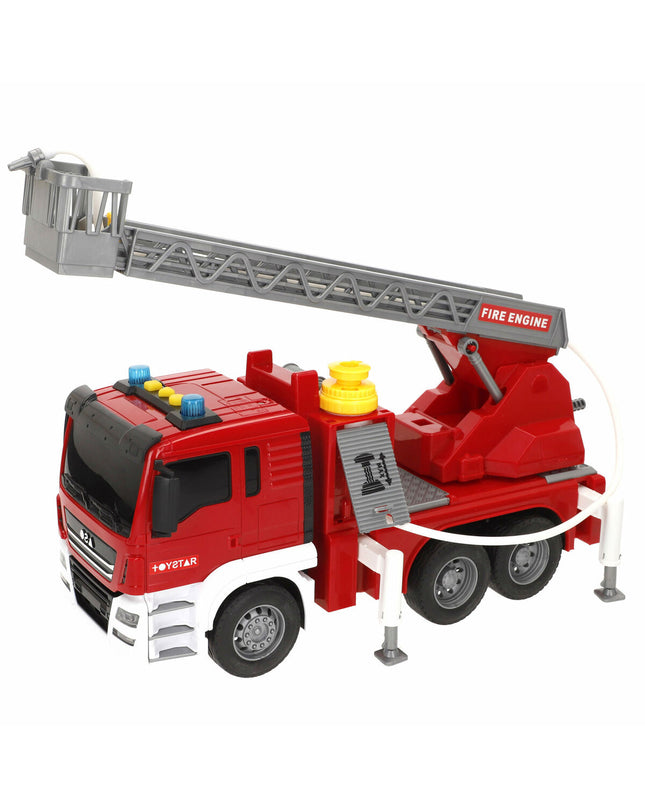 Set of four Speed & Go toy fire trucks with lights and sounds, measuring 34x25x12 cm, for imaginative play.