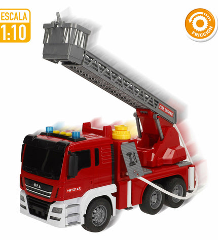 Set of four Speed & Go fire truck toys with lights and sounds, measuring 34x25x12 cm, designed for children to play with.