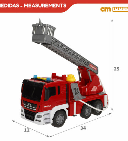 Set of four Speed & Go fire truck toys with lights and sounds, measuring 34x25x12 cm, designed for children’s play and vehicles.