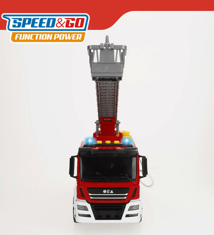 Set of four Speed & Go firefighter fire truck toys with lights and sound, 34x25x12 cm, designed for imaginative play.