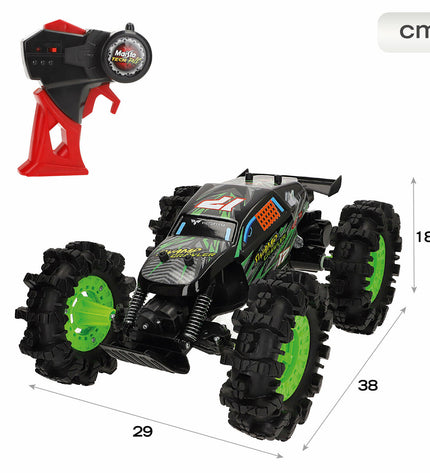 Two Maisto remote control toy cars in different colors on a plain background, showcasing their compact size and design.