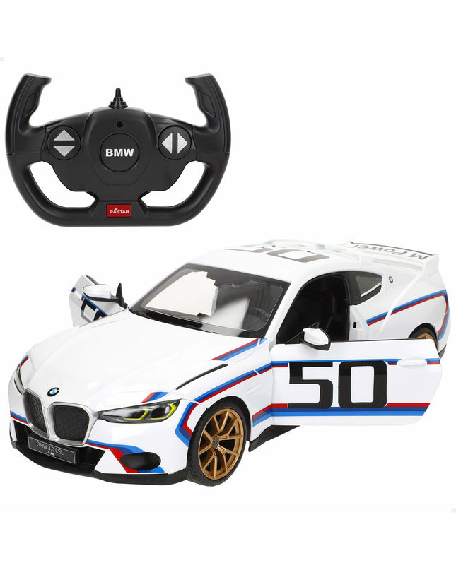 Two BMW remote control police cars in blue and red, 1:14 scale, measuring 34 x 10 x 13.5 cm, toy vehicles for children.
