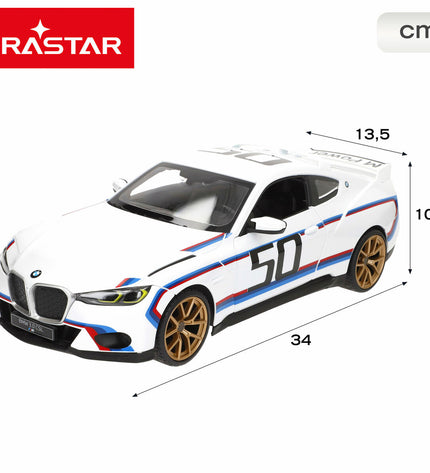 Two BMW remote-controlled police cars in blue and red, 1:14 scale, measuring 34 x 10 x 13.5 cm, on a plain background.