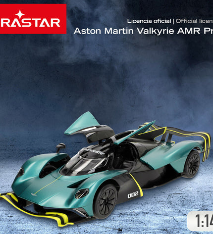 Two Aston Martin remote control toy cars, 1:14 scale, detailed design, measuring 36 x 8 x 14 cm, for play and collection.