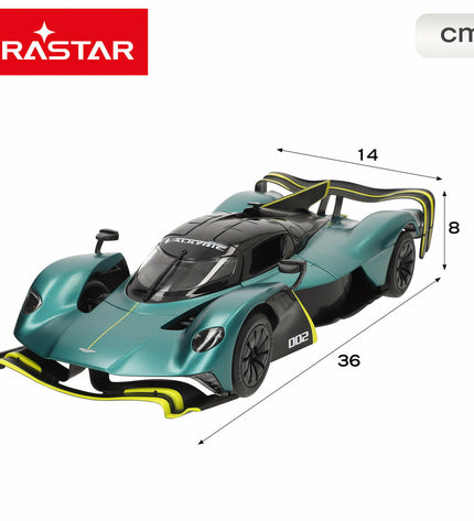 Two Aston Martin remote control toy cars, 1:14 scale, black and sleek, measuring 36 x 8 x 14 cm, for children’s play.