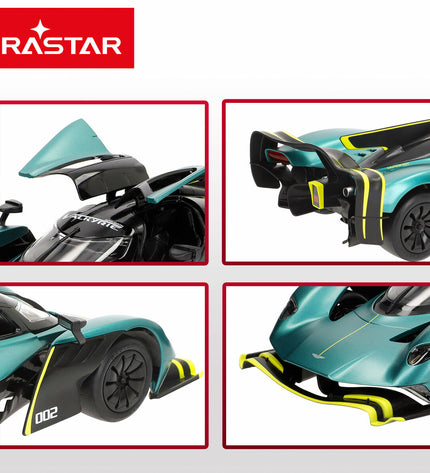 Two Aston Martin remote control police cars, 1:14 scale, with detailed black and white design, measuring 36 x 8 x 14 cm.