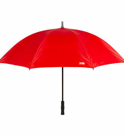 Red Aktive umbrella with 150 cm diameter, shown among six bags, featuring a sturdy design and compact size for travel.
