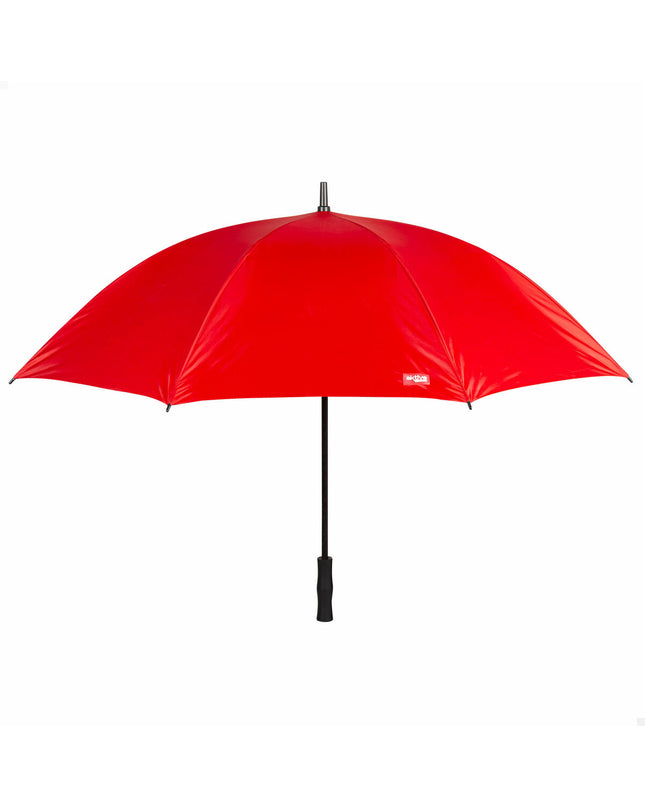 Red Aktive umbrella with 150 cm diameter, shown among six bags, featuring a sturdy design and compact size for travel.