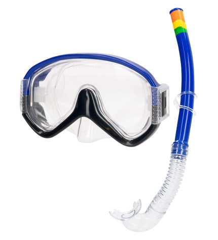 Set of 6 AquaSport blue kids snorkel masks and snorkel tubes for water sports and outdoor swimming activities.