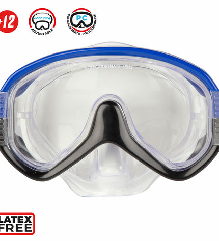 Set of six blue AquaSport kids' snorkel masks and snorkel tubes for watersports and outdoor swimming activities.