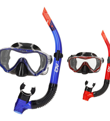 Set of six AquaSport kids' snorkel masks and snorkel tubes in blue and red, suitable for watersport and outdoor swimming activities.